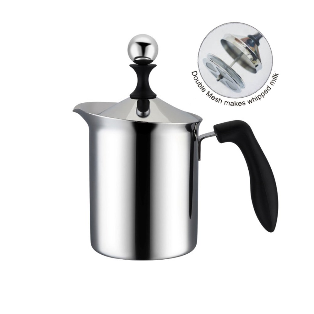 雙層手動 牛奶 奶泡器-寶馬牌  不銹鋼雙層濾網 奶泡 奶泡杯 奶泡機400cc(兩款電木柄/不鏽鋼)-【良鎂咖啡精品館